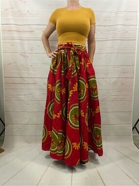 Vintage African Printed Maxi Skirt with Stretch Waist and Tie Front
